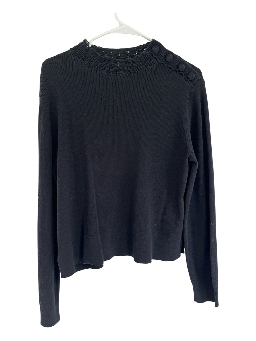 Sandro Alma Black Cotton Crochet Detail Sweater Buttons at Shoulder L